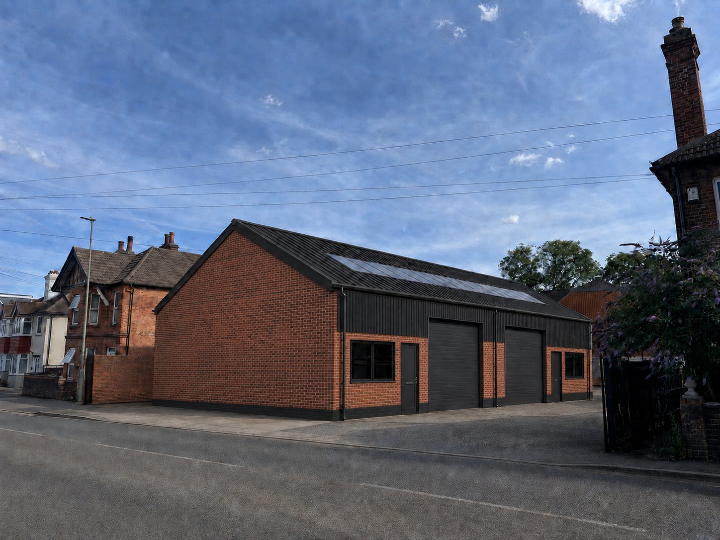 285 Stoughton Road shown as the completed refurbishment, two roadside units in brick with dark cladding and a private yard