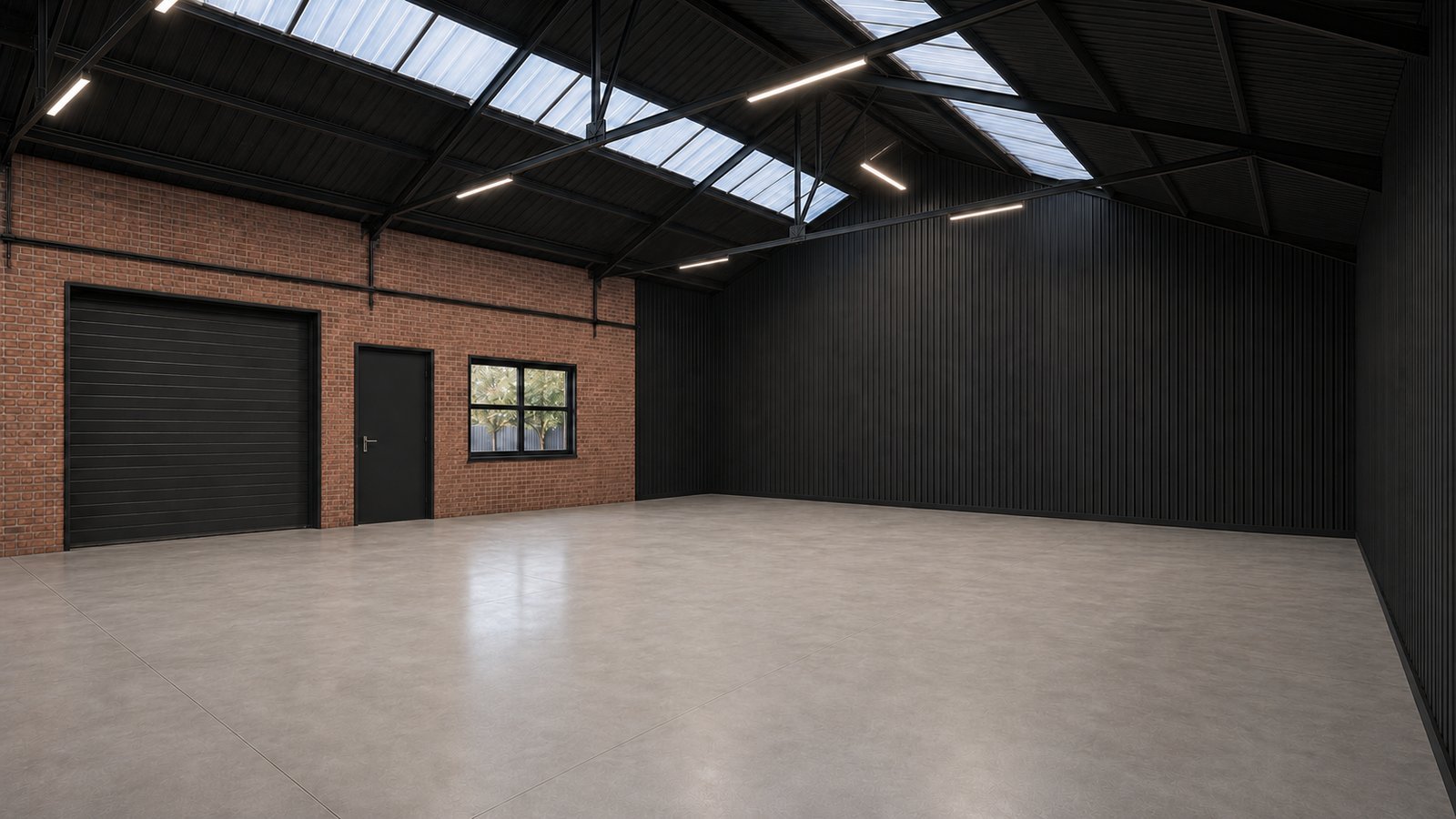 Interior concept of a completed 285 Stoughton Road unit, exposed brick wall with roller shutter, dark cladding, rooflights and a polished concrete floor