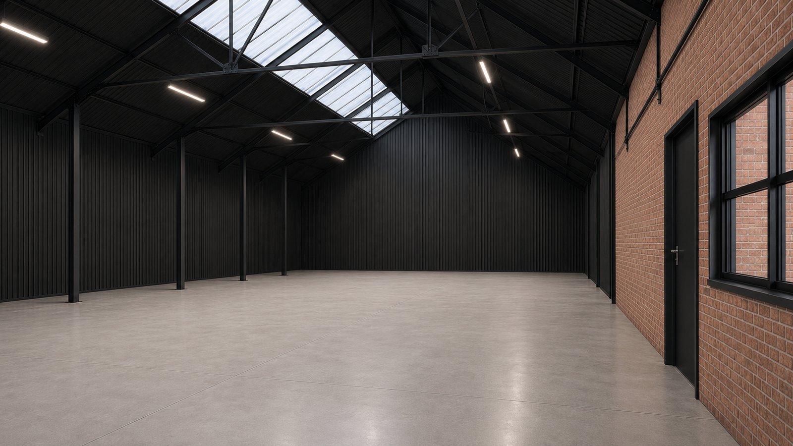 Interior concept of a completed 285 Stoughton Road unit, clear-span space with steel frame, rooflights and exposed brick